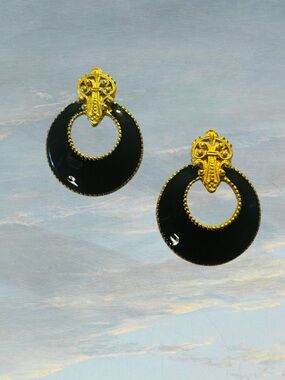 Gold and Black Hoop Drop Earrings
